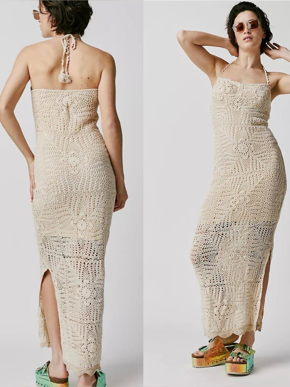 Free People Cream Crochet Halter‎ Maxi Dress Boho Slit Beachy Vacation Resort
